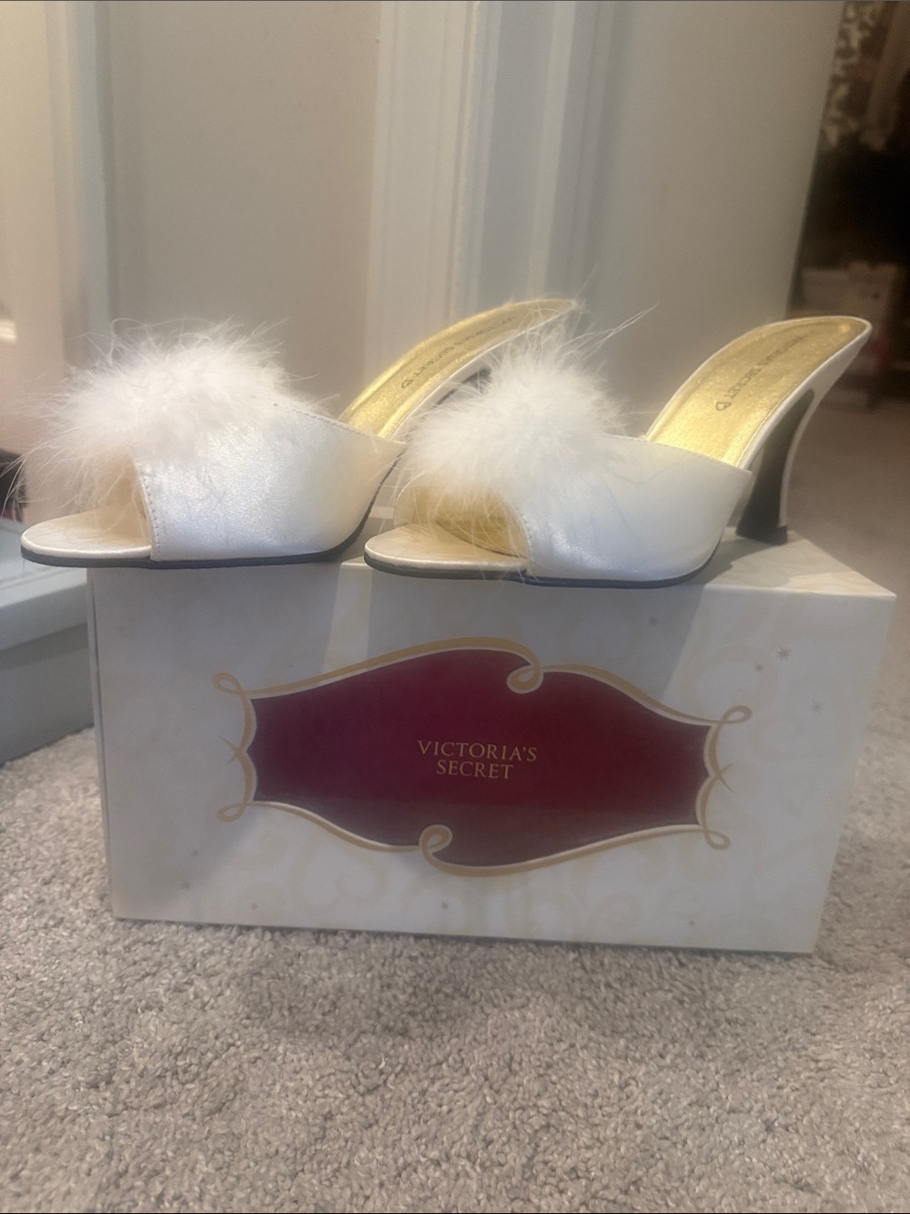 Victoria's Secret White Marabou Slide Heels with Gold Insole